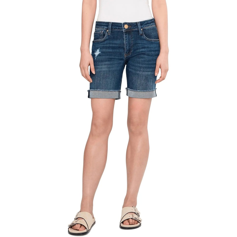 KUT from the Kloth Catherine Distressed Denim Shorts Dark Wash Cuffed Size 10